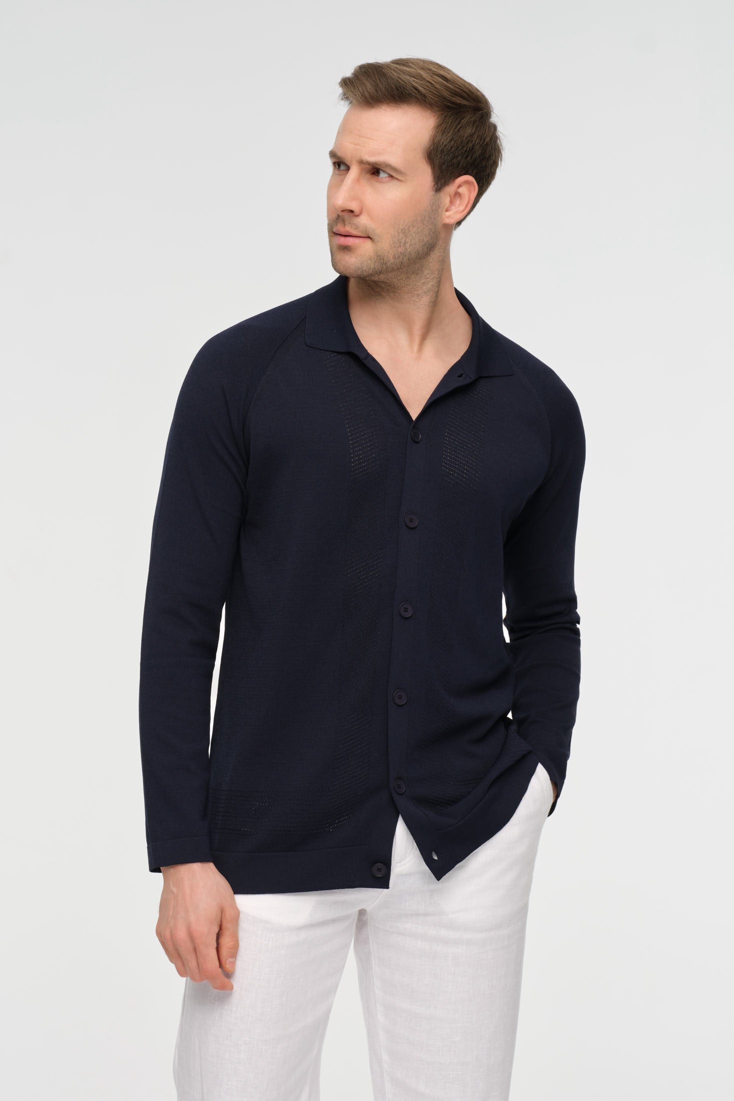 Premium gebreide herencardigan met knopen – textuurpaneelontwerp | Stijl 8029