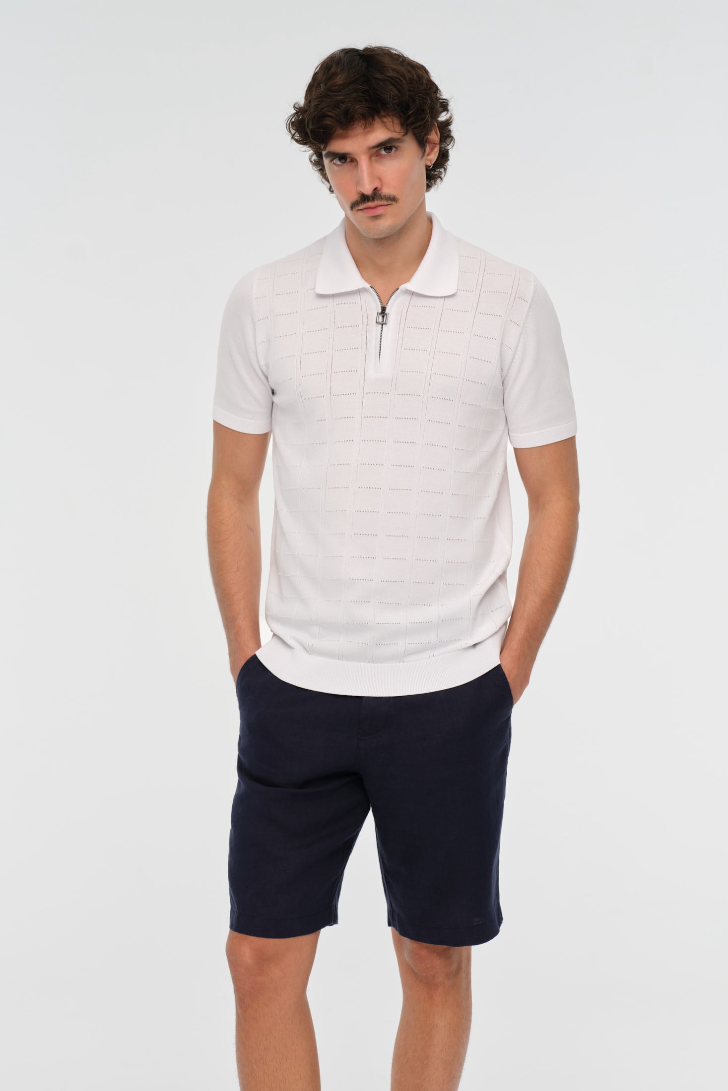 Textured Knit Polo with Zip Collar | Refined Structured Elegance – Model 8041