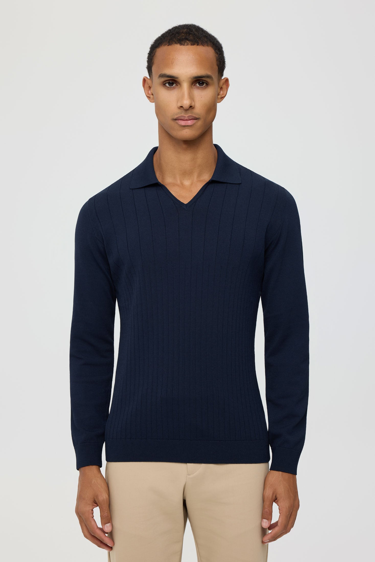 Men’s Premium Long-Sleeve Knit Pullover Polo – Fine Rib Texture | Style 8030