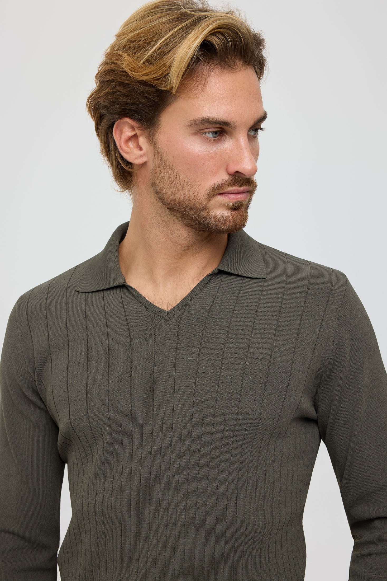 Men’s Premium Long-Sleeve Knit Pullover Polo – Fine Rib Texture | Style 8030