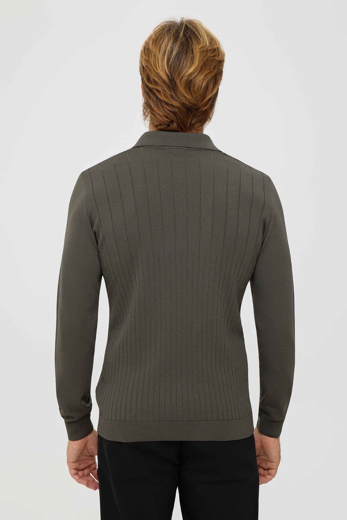 Men’s Premium Long-Sleeve Knit Pullover Polo – Fine Rib Texture | Style 8030
