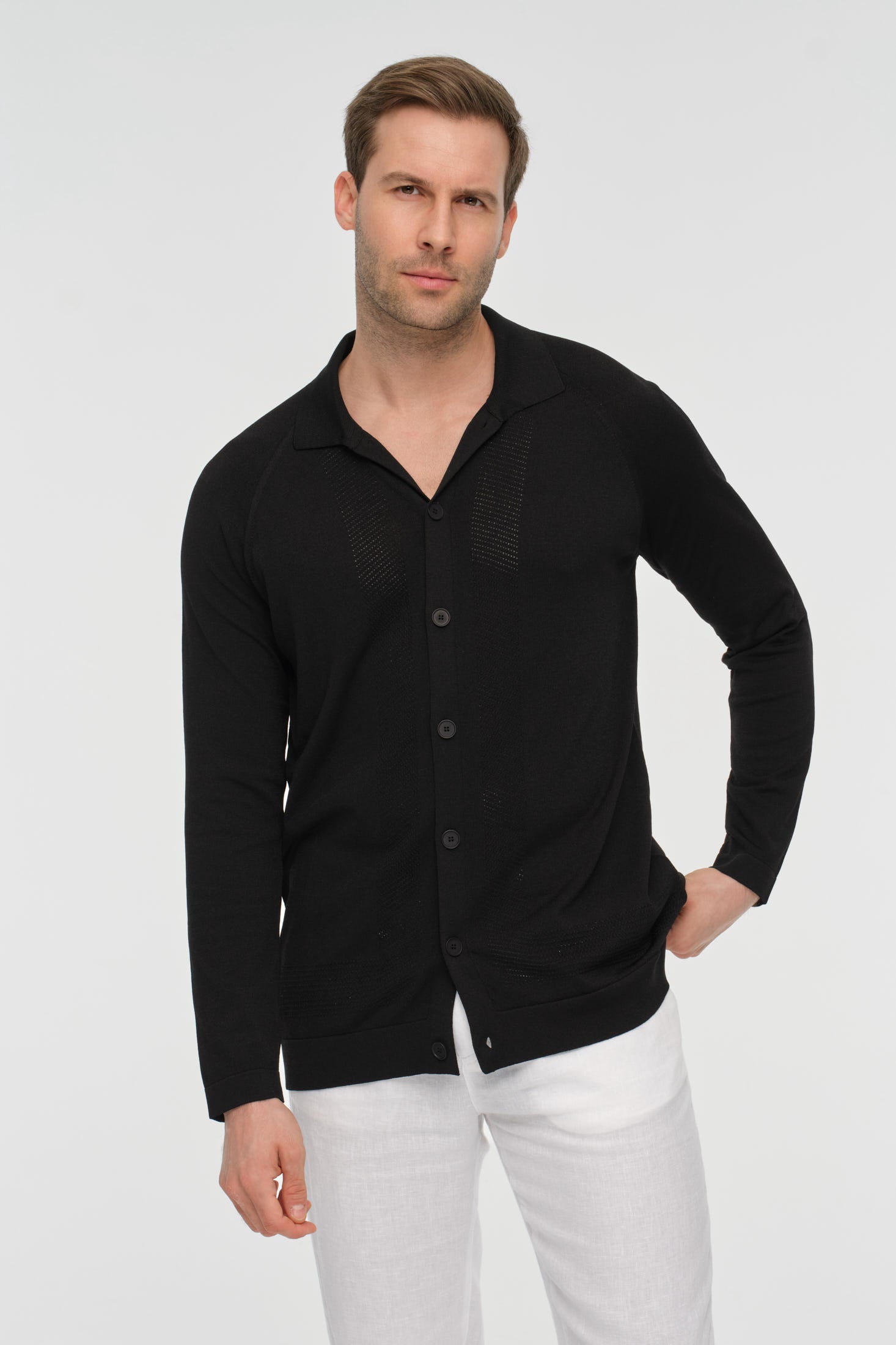 Premium gebreide herencardigan met knopen – textuurpaneelontwerp | Stijl 8029