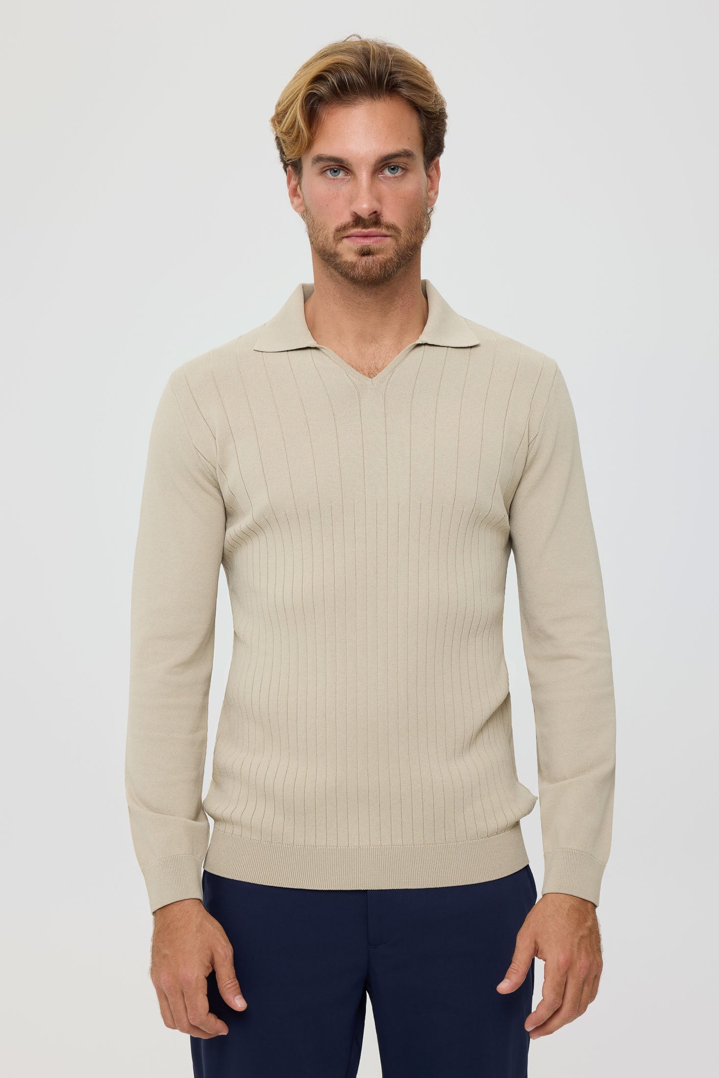 Men’s Premium Long-Sleeve Knit Pullover Polo – Fine Rib Texture | Style 8030