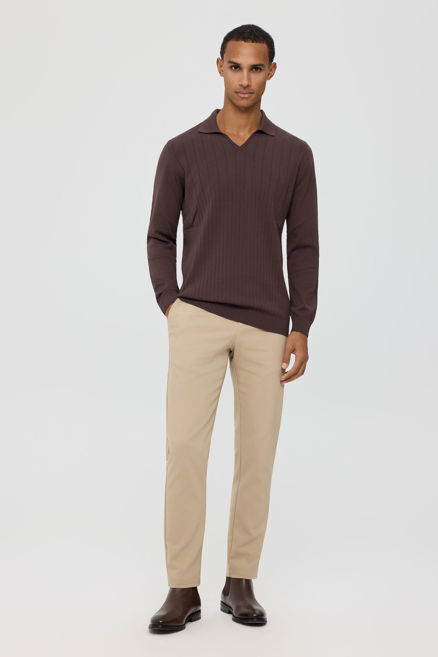Men’s Premium Long-Sleeve Knit Pullover Polo – Fine Rib Texture | Style 8030