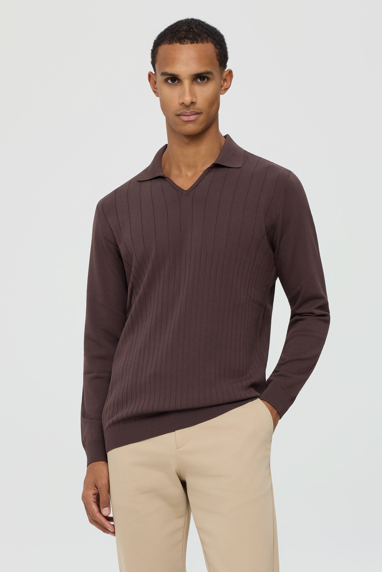 Men’s Premium Long-Sleeve Knit Pullover Polo – Fine Rib Texture | Style 8030