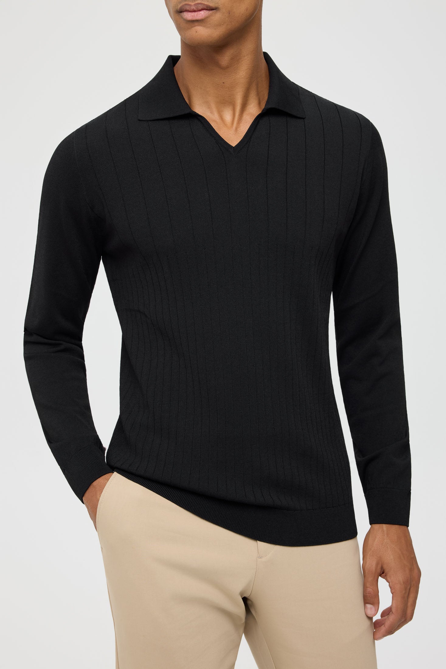 Men’s Premium Long-Sleeve Knit Pullover Polo – Fine Rib Texture | Style 8030
