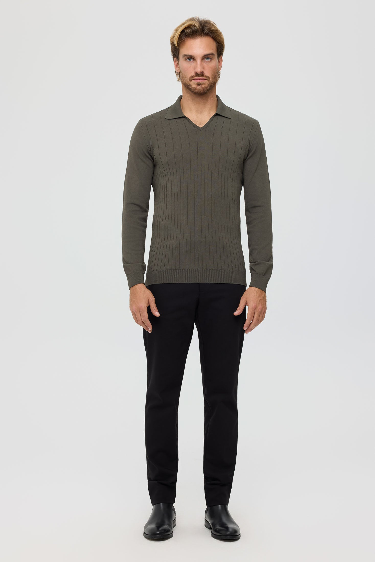 Men’s Premium Long-Sleeve Knit Pullover Polo – Fine Rib Texture | Style 8030