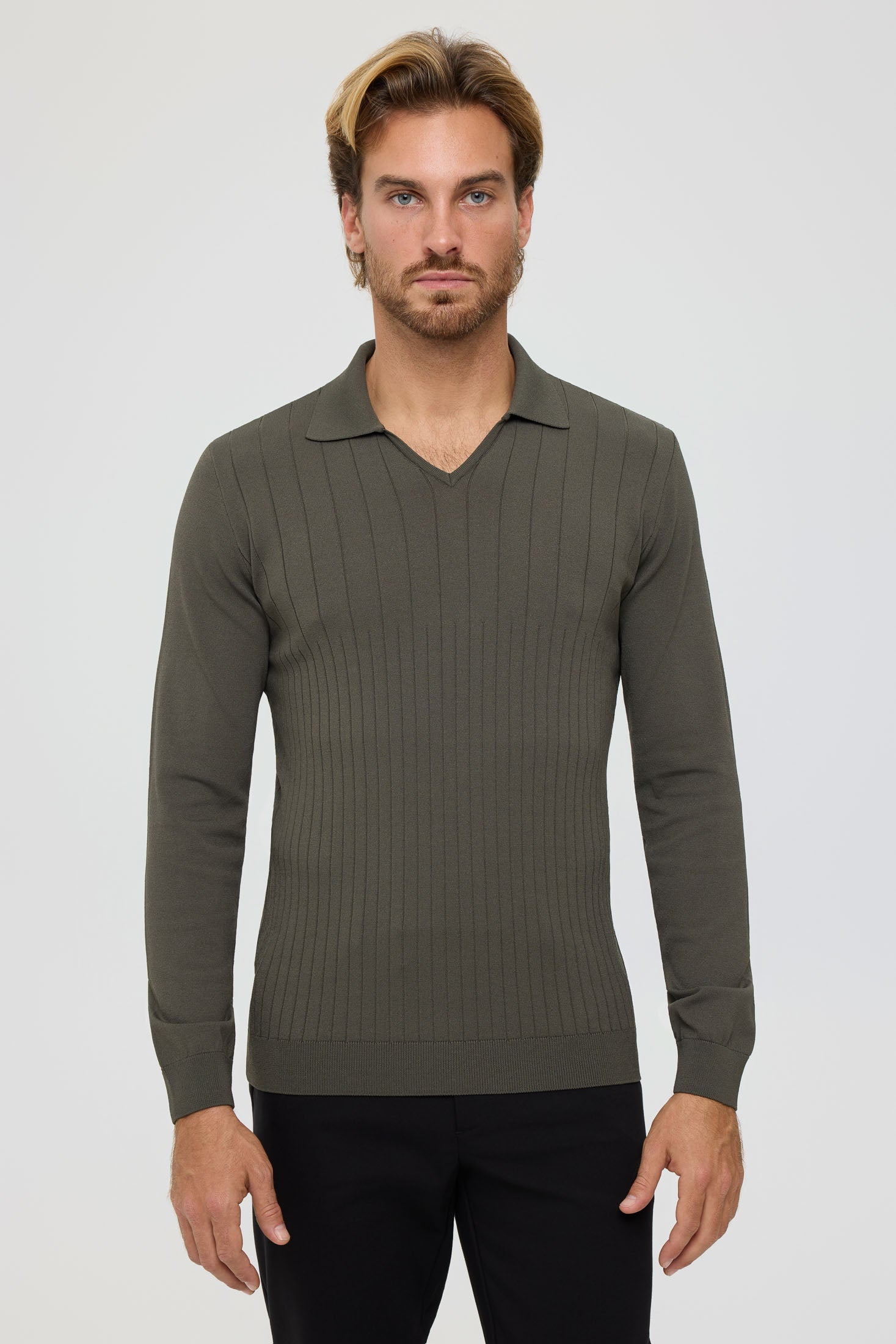 Men’s Premium Long-Sleeve Knit Pullover Polo – Fine Rib Texture | Style 8030