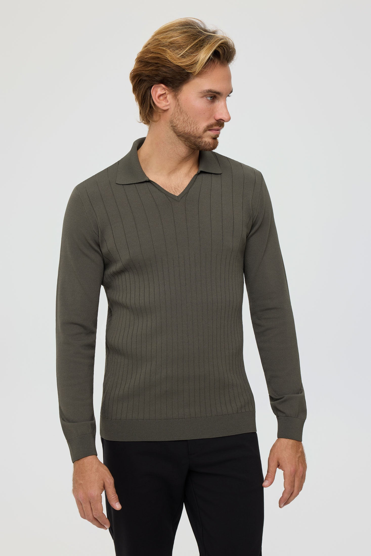Men’s Premium Long-Sleeve Knit Pullover Polo – Fine Rib Texture | Style 8030
