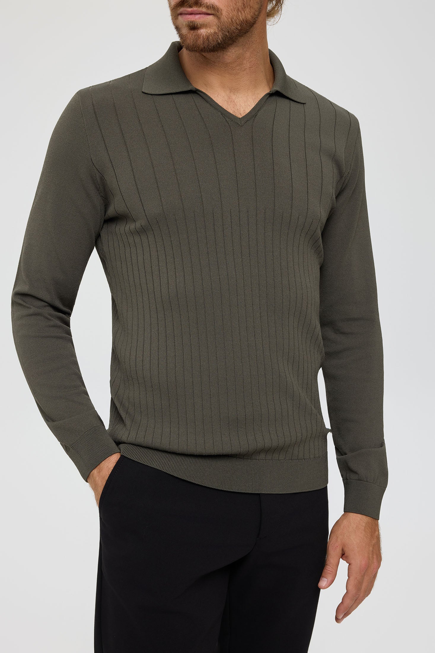 Men’s Premium Long-Sleeve Knit Pullover Polo – Fine Rib Texture | Style 8030