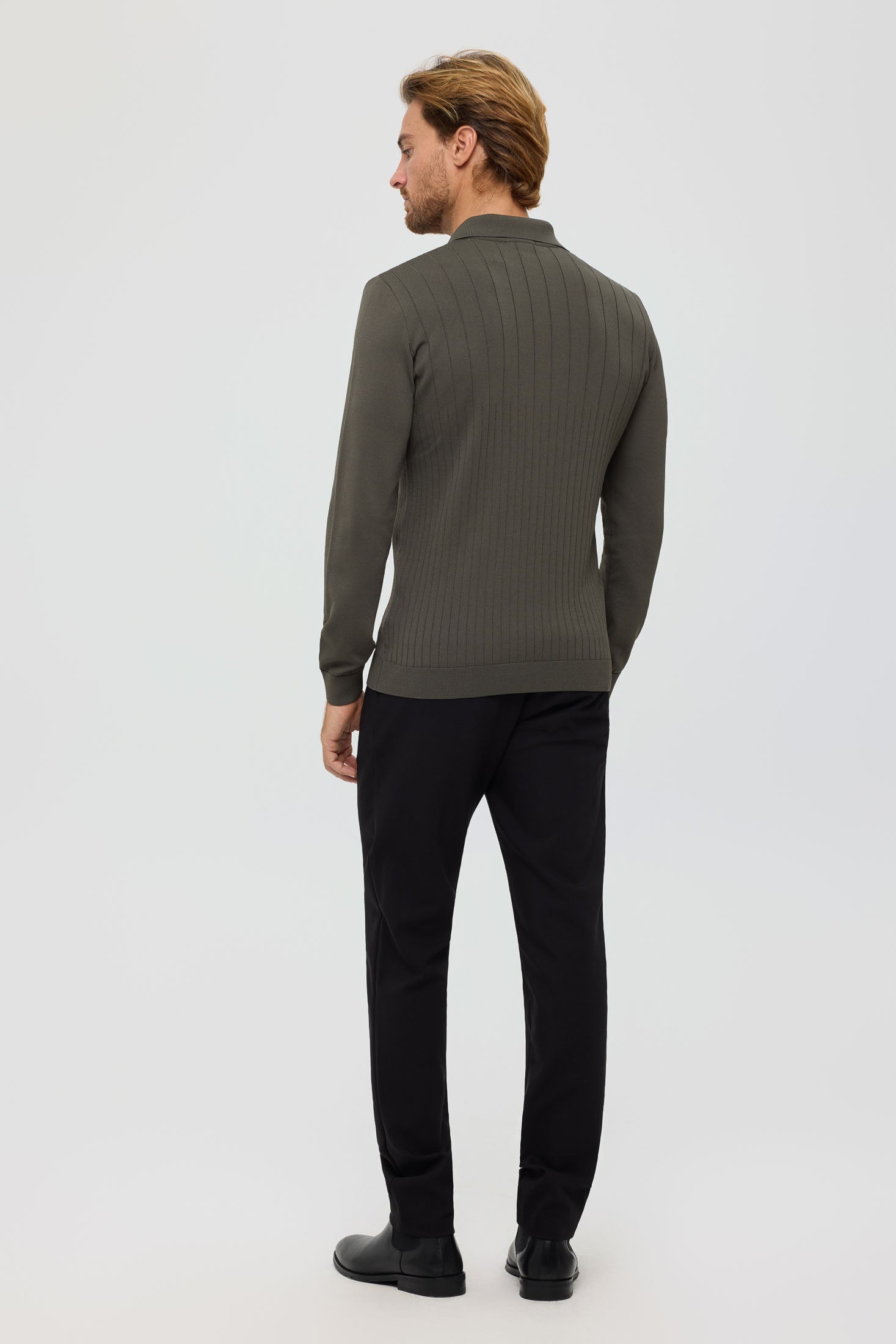 Men’s Premium Long-Sleeve Knit Pullover Polo – Fine Rib Texture | Style 8030