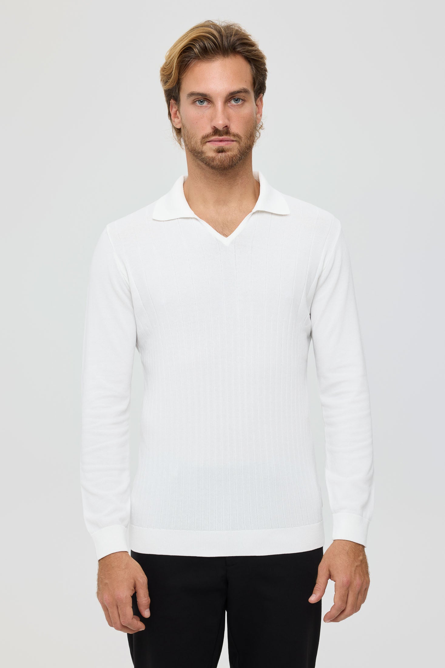 Men’s Premium Long-Sleeve Knit Pullover Polo – Fine Rib Texture | Style 8030