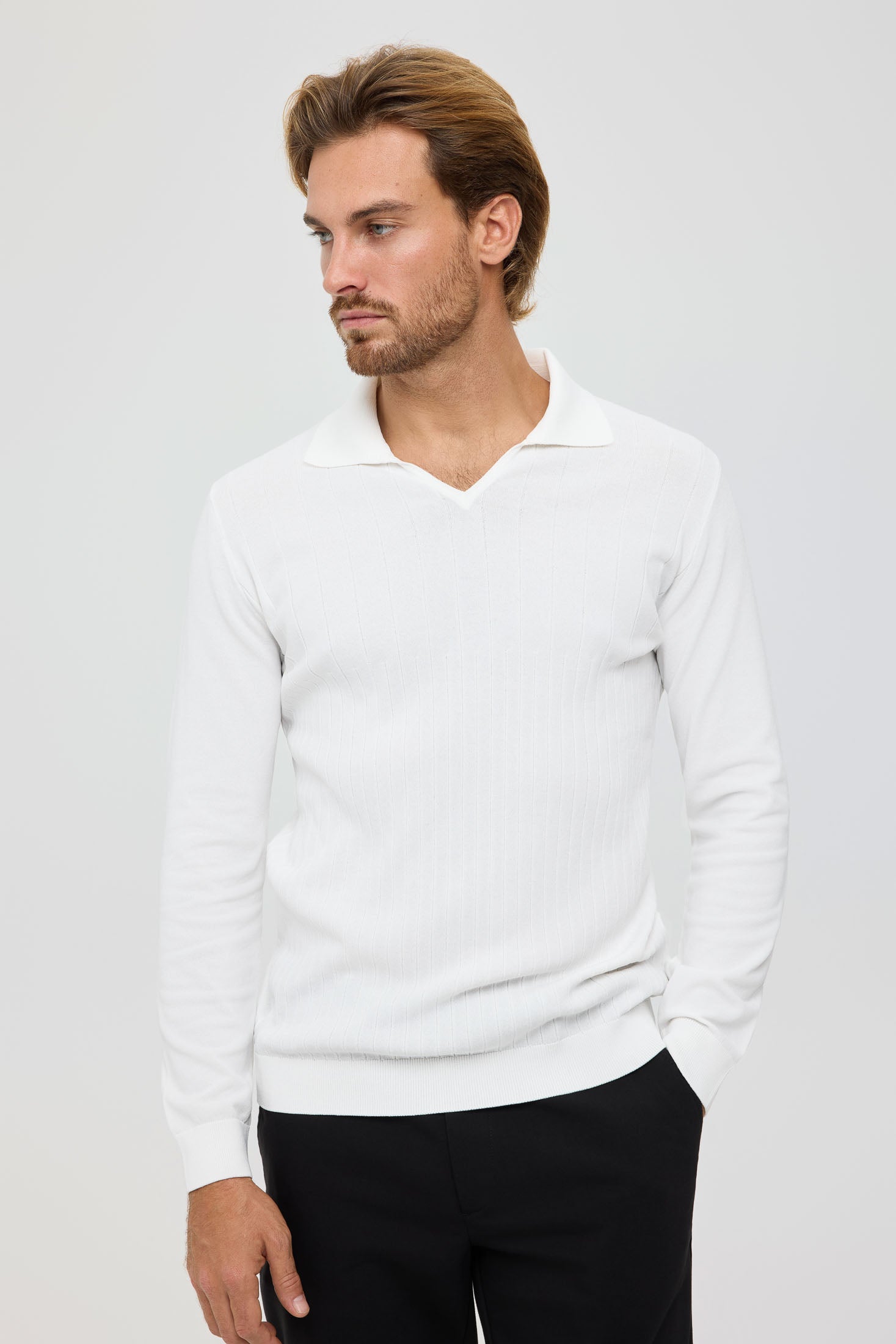 Men’s Premium Long-Sleeve Knit Pullover Polo – Fine Rib Texture | Style 8030