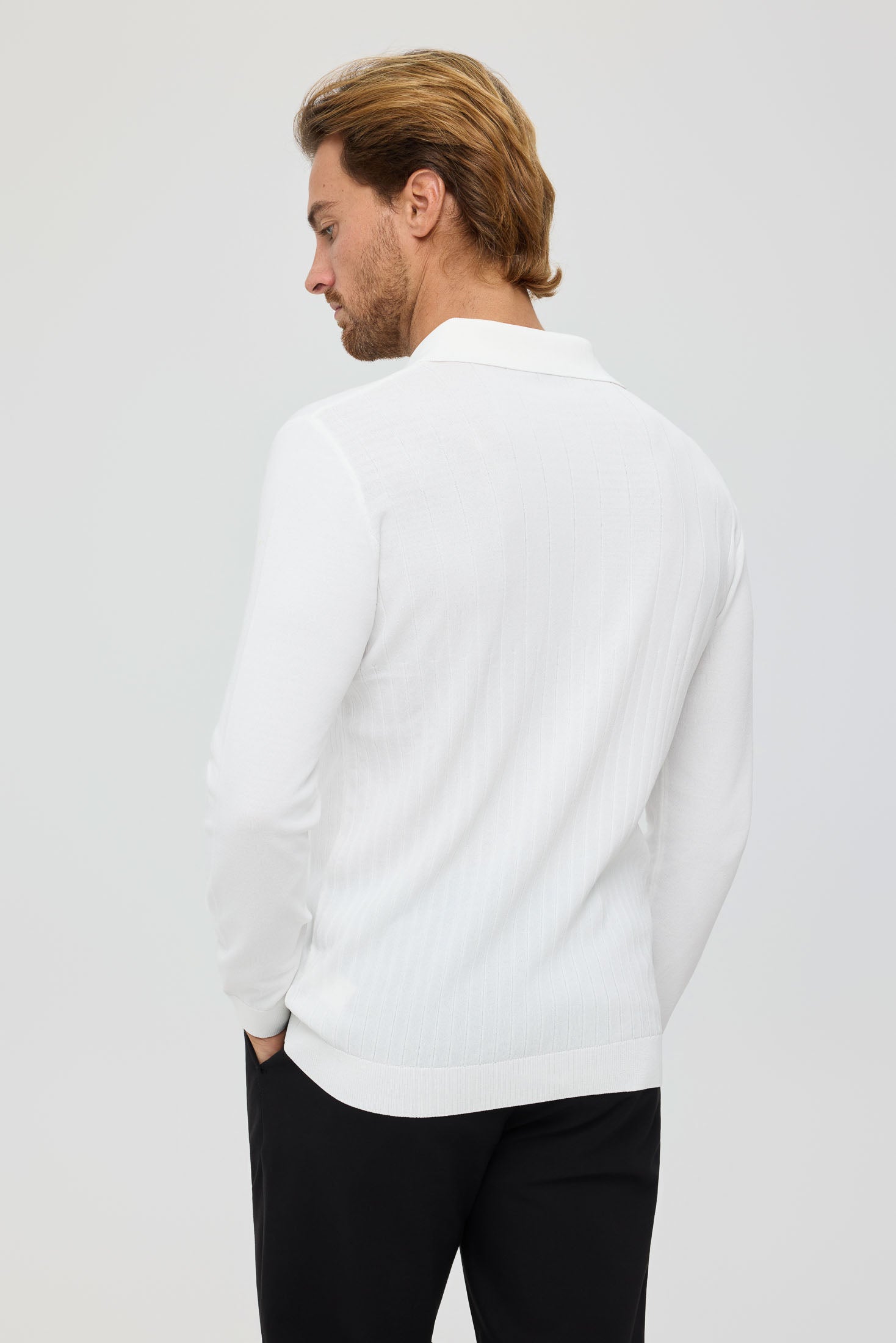 Men’s Premium Long-Sleeve Knit Pullover Polo – Fine Rib Texture | Style 8030